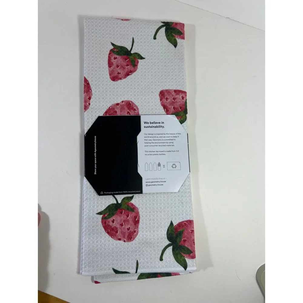 Geometry Kitchen Tea Towel Strawberry Print White Waffle Weave 18x30 Recycled
